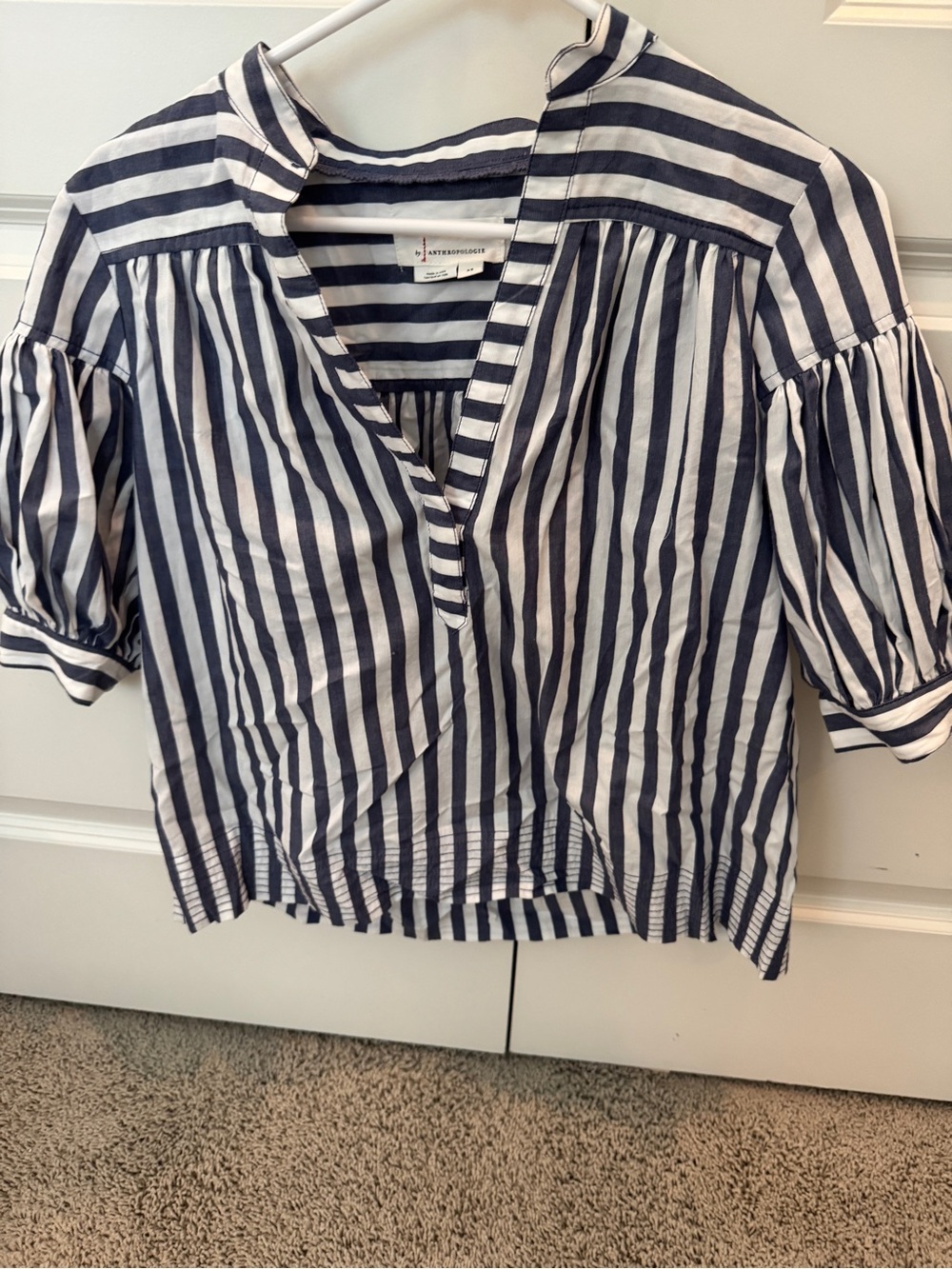 Anthropologie Navy & White Striped V-Neck Puff Sleeve Blouse